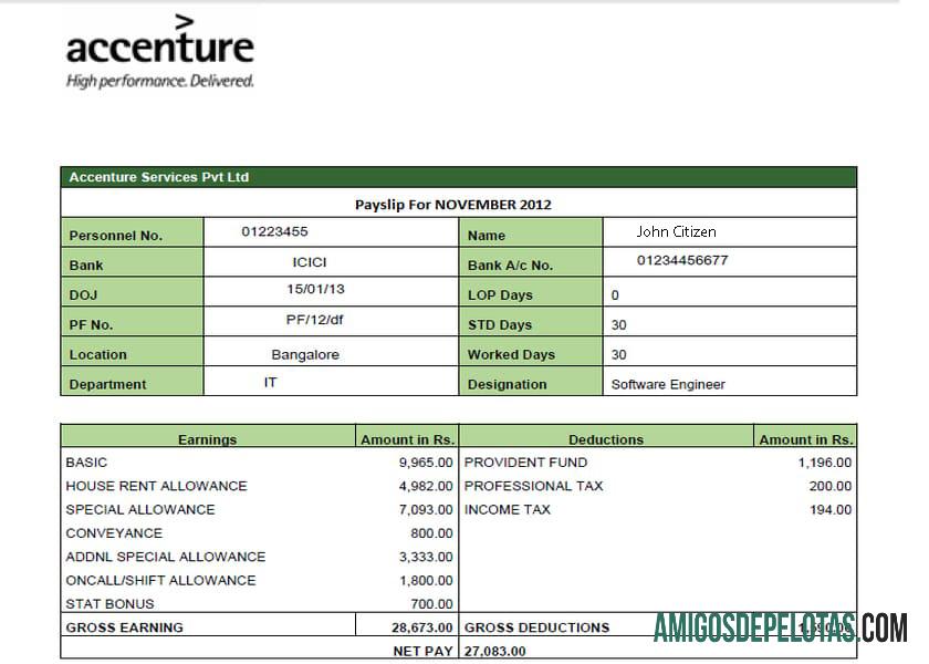 IRLANDA ACCENTURE IT Company Demonstrativo de ganhos em formatos Word e PDF modelo